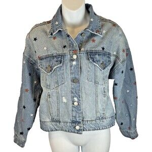 Blank NYC Denim Jacket XS Star Embroidered Blue Trucker Jean Jacket Womens